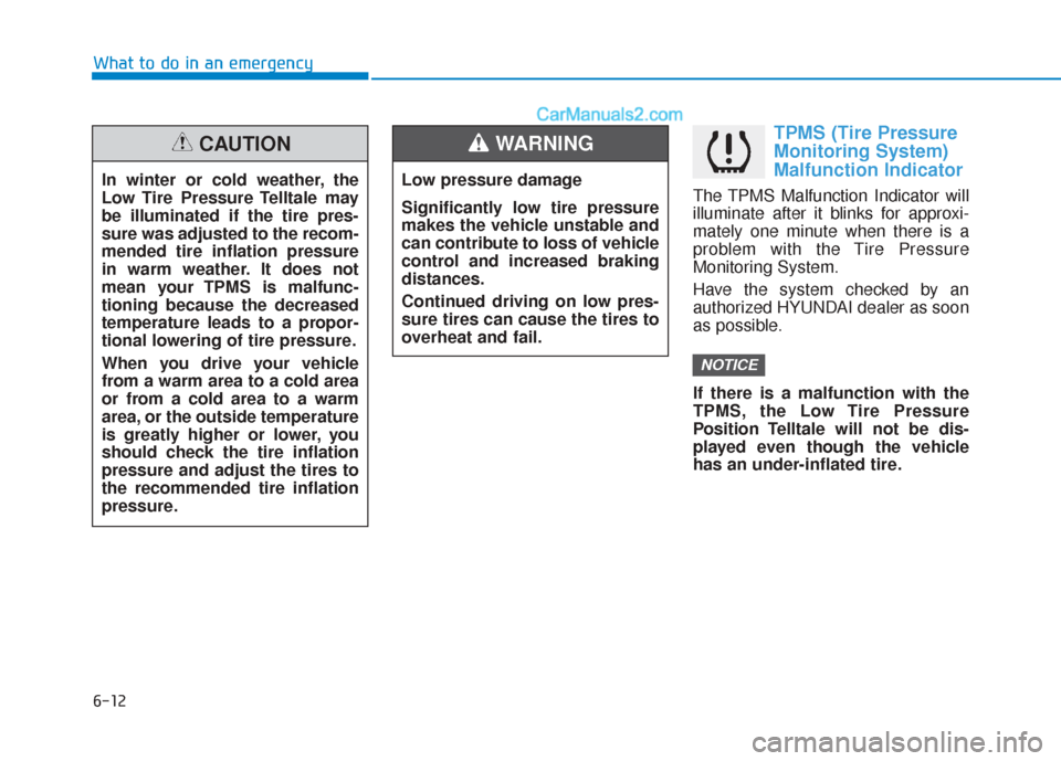 Hyundai Sonata 2017  Owners Manual 6-12
What to do in an emergency
TPMS (Tire Pressure
Monitoring System)
Malfunction Indicator
The TPMS Malfunction Indicator will
illuminate after it blinks for approxi-
mately one minute when there is