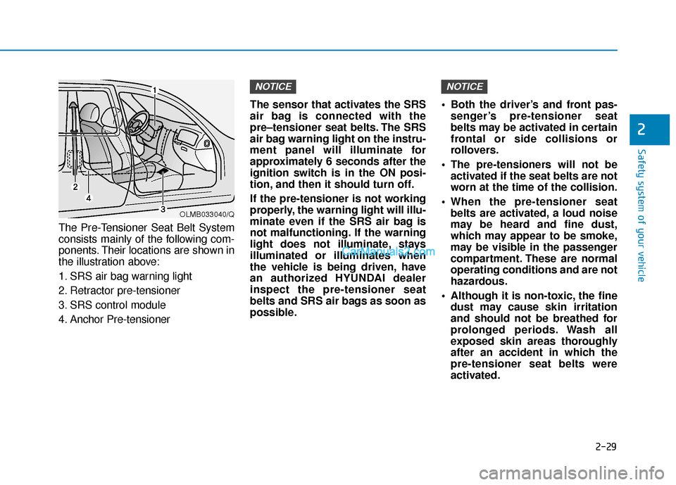 Hyundai Sonata 2017  Owners Manual 2-29
Safety system of your vehicle
2
The Pre-Tensioner Seat Belt System
consists mainly of the following com-
ponents. Their locations are shown in
the illustration above:
1. SRS air bag warning light