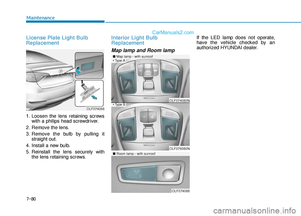 Hyundai Sonata 2017  Owners Manual 7-80
Maintenance
License Plate Light Bulb
Replacement
1. Loosen the lens retaining screwswith a philips head screwdriver.
2. Remove the lens.
3. Remove the bulb by pulling it straight out.
4. Install 