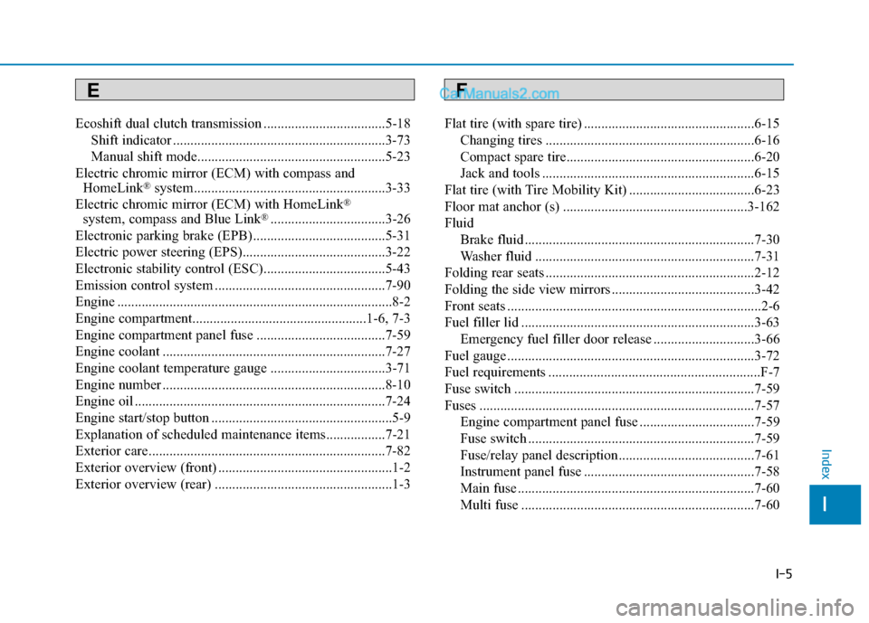 Hyundai Sonata 2017 Owners Manual I-5
Ecoshift dual clutch transmission ...................................5-18Shift indicator .............................................................3-73
Manual shift mode........................ Hyundai Sonata 2017 Owners Manual I-5
Ecoshift dual clutch transmission ...................................5-18Shift indicator .............................................................3-73
Manual shift mode........................