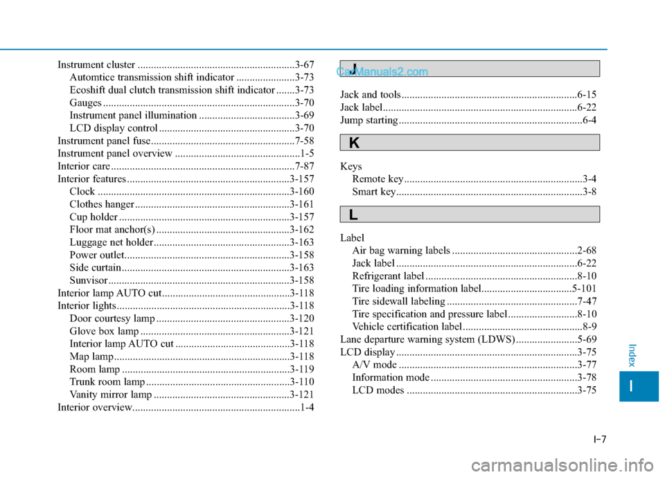 Hyundai Sonata 2017 Owners Manual I-7
Instrument cluster ...........................................................3-67Automtice transmission shift indicator ......................3-73
Ecoshift dual clutch transmission shift indicato Hyundai Sonata 2017 Owners Manual I-7
Instrument cluster ...........................................................3-67Automtice transmission shift indicator ......................3-73
Ecoshift dual clutch transmission shift indicato