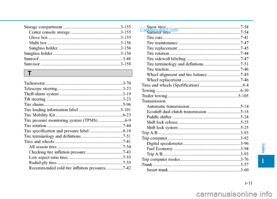 Hyundai Sonata 2017  Owners Manual I-11
Storage compartment ....................................................3-155Center console storage .............................................3-155
Glove box ..................................