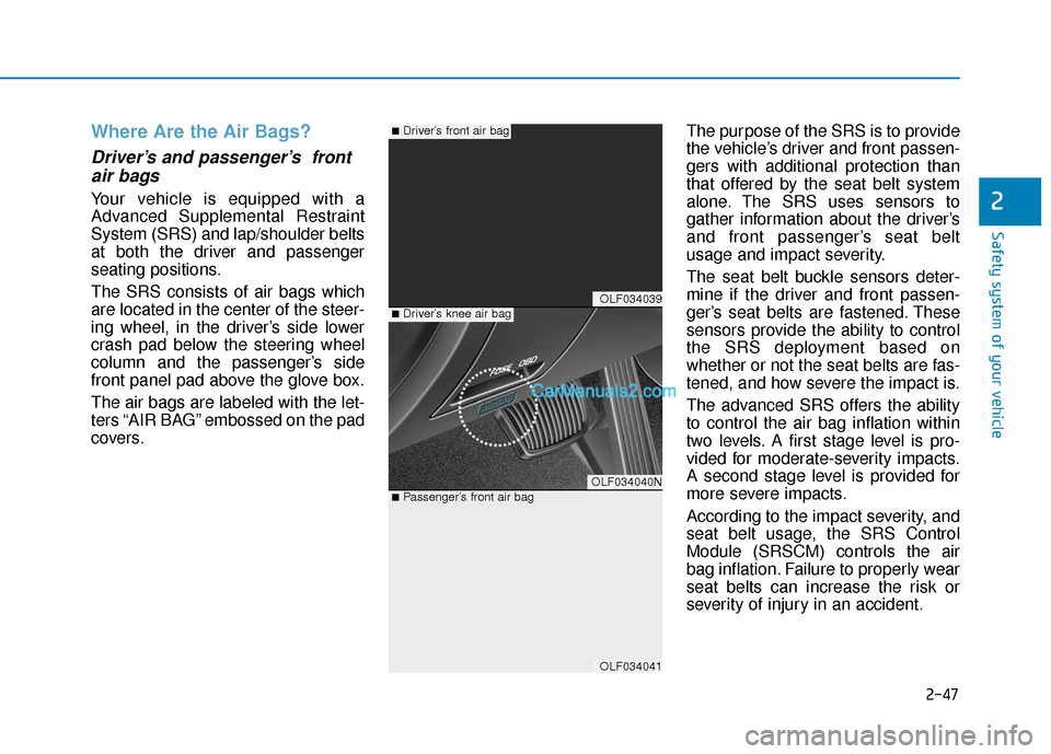 Hyundai Sonata 2017  Owners Manual 2-47
Safety system of your vehicle
2
Where Are the Air Bags? 
Driver’s and passenger’s  frontair bags 
Your vehicle is equipped with a
Advanced Supplemental Restraint
System (SRS) and lap/shoulder