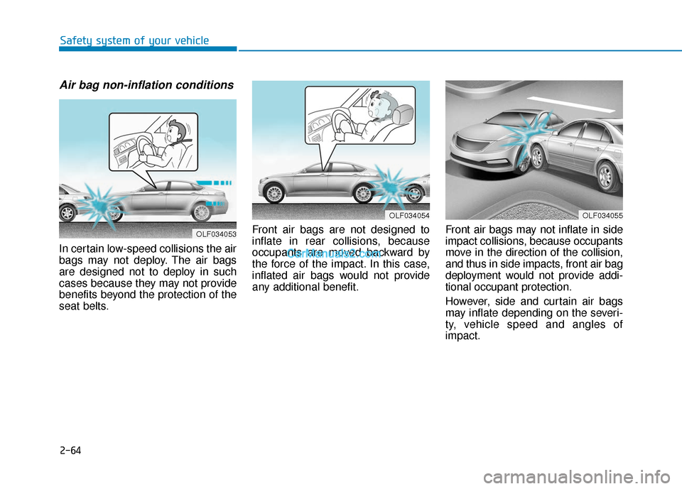 Hyundai Sonata 2017 Manual Online 2-64
Safety system of your vehicle
Air bag non-inflation conditions 
In certain low-speed collisions the air
bags may not deploy. The air bags
are designed not to deploy in such
cases because they may