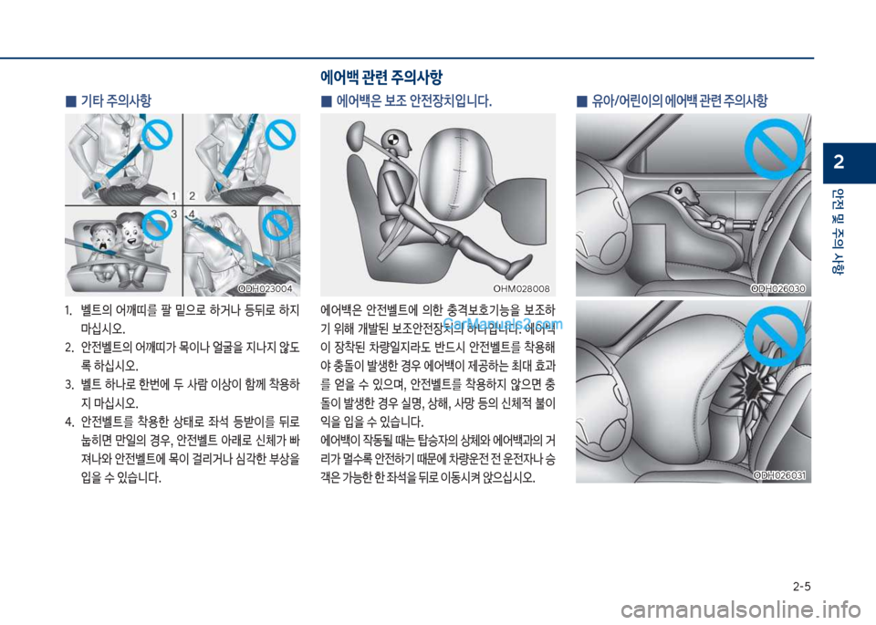 Hyundai Sonata 2017  쏘나타 LF - 사용 설명서 (in Korean) 2-택
안전 및 주의 사항
2
 
0  기타 주의사항
1.보 벨탔의보 어깨띠를보 팔보 밑으돽보 하거a보 등뒤돽보 하
