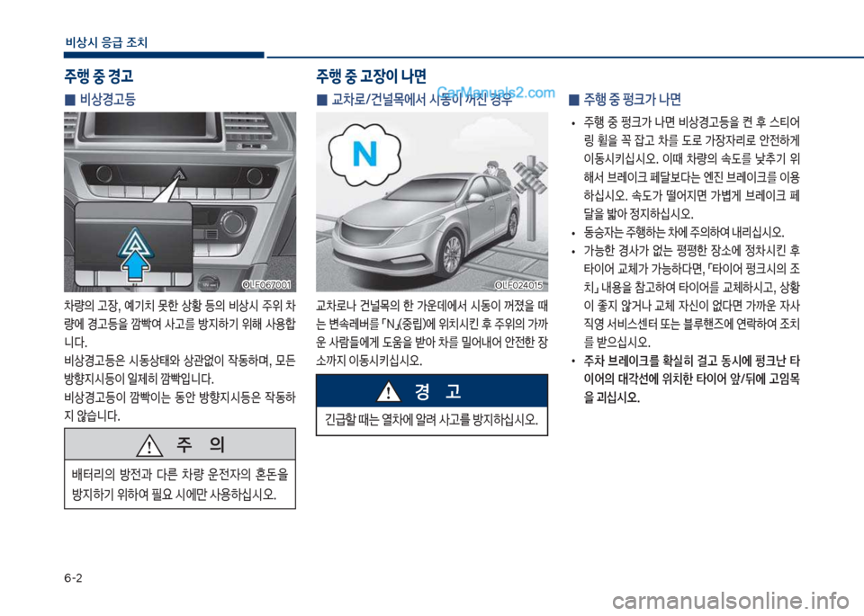 Hyundai Sonata 2017  쏘나타 LF - 사용 설명서 (in Korean) 부-2
비상시 응급 조치
주행 중 경고 주행 중 고장이 나면
 
0 비상경고등
0량의보 고장,보 예기치보 못한보 상황보 등의보 비상	&보 주위보 0 
량에보