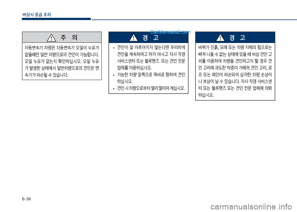 Hyundai Sonata 2017  쏘나타 LF - 사용 설명서 (in Korean) 부-3부
비상시 응급 조치
   주       의

W동변
