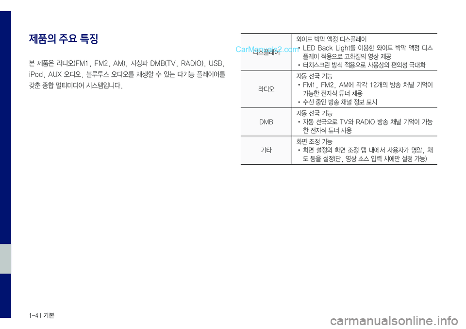 Hyundai Sonata 2017  LF쏘나타 표준5 내비게이션 (in Korean) 1-4 I 기본
제품의 주요 특징
본	제품은	라디오(FM1,	FM2,	AM),	지상파	DMB(TV,	RADIO),	USB,	
iPod,	AUX	오디오,	블루투스	오디오를	재생할	수	있는	다기능	플레이어�