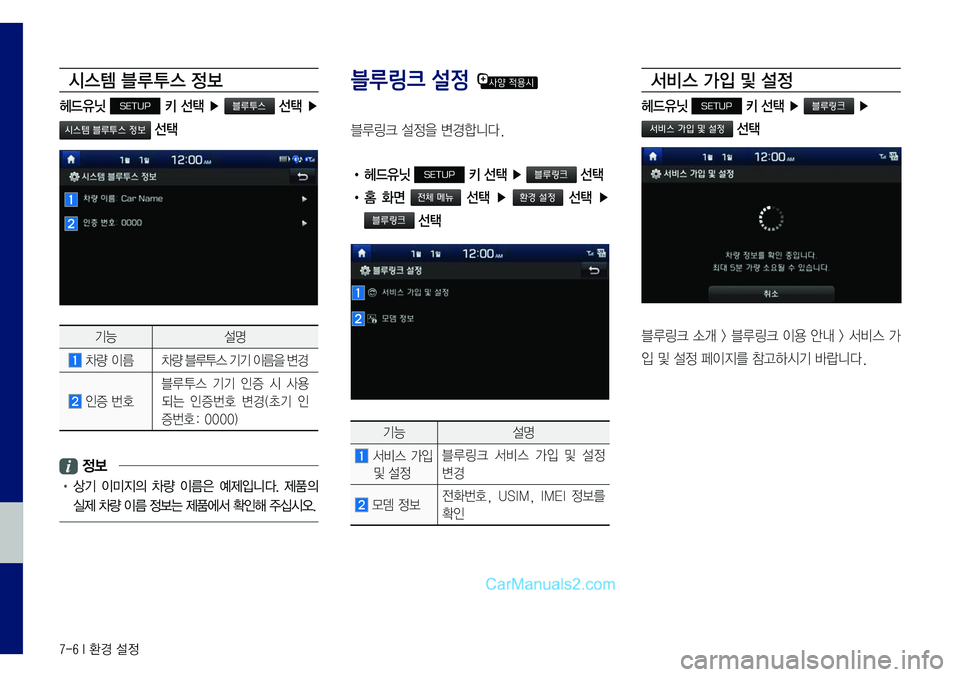Hyundai Sonata 2017  LF쏘나타 표준5 내비게이션 (in Korean) 7-6 I 환경 설정
시스템 블루 투스 정보
헤드유닛 SETUP 키 선택 ▶  선택 ▶ 
 선택
기능설명
	차량	이름차량	블루투스	기기	이름을	변경
	인증	번호
블루