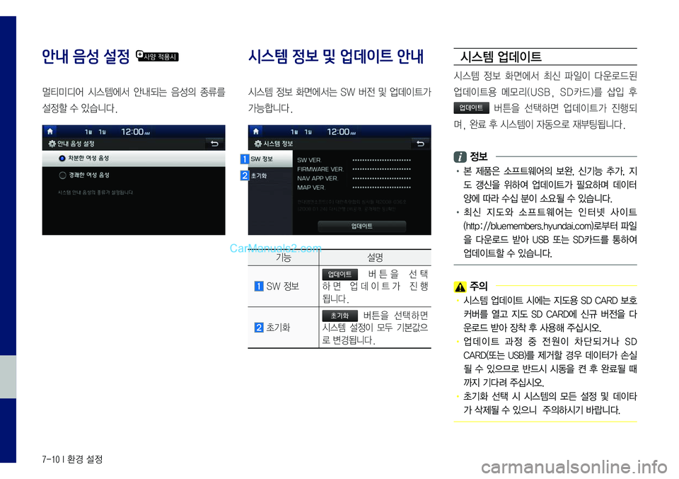 Hyundai Sonata 2017  LF쏘나타 표준5 내비게이션 (in Korean) 7-10 I 환경 설정
안내 음성 설정 
멀티미디어	시스템에서	안내되는	음성의	종류를	
설정할	수	있습니다.
시스템 정보 및 업데이트 안내
시스템	정보	화�