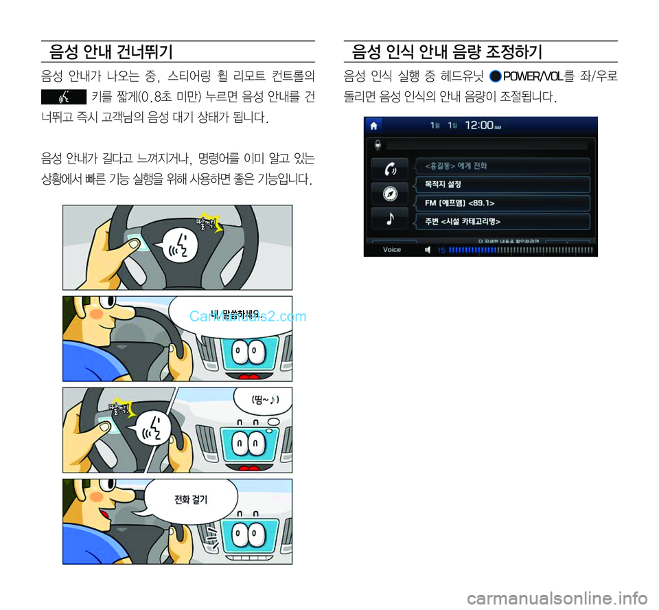 Hyundai Sonata 2017  LF쏘나타 표준5 내비게이션 (in Korean) 음 성 안내 건너뛰기
음성	안내가	나오는	중,	스티어링	휠	리모트	컨트롤의	
	키를	짧게(0.8초	미만)	누르면	음성	안내를	건
너뛰고	즉시	고객님의	음성	