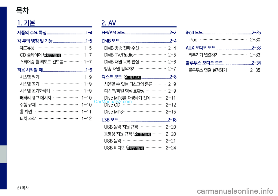 Hyundai Sonata 2017  LF쏘나타 표준5 내비게이션 (in Korean) 2 I 목차
목차
1. 기본
제품의 주요 특징 .......................................1-4
각  부의  명칭 및 기능
 .................................1-5
헤드유닛 …………………�
