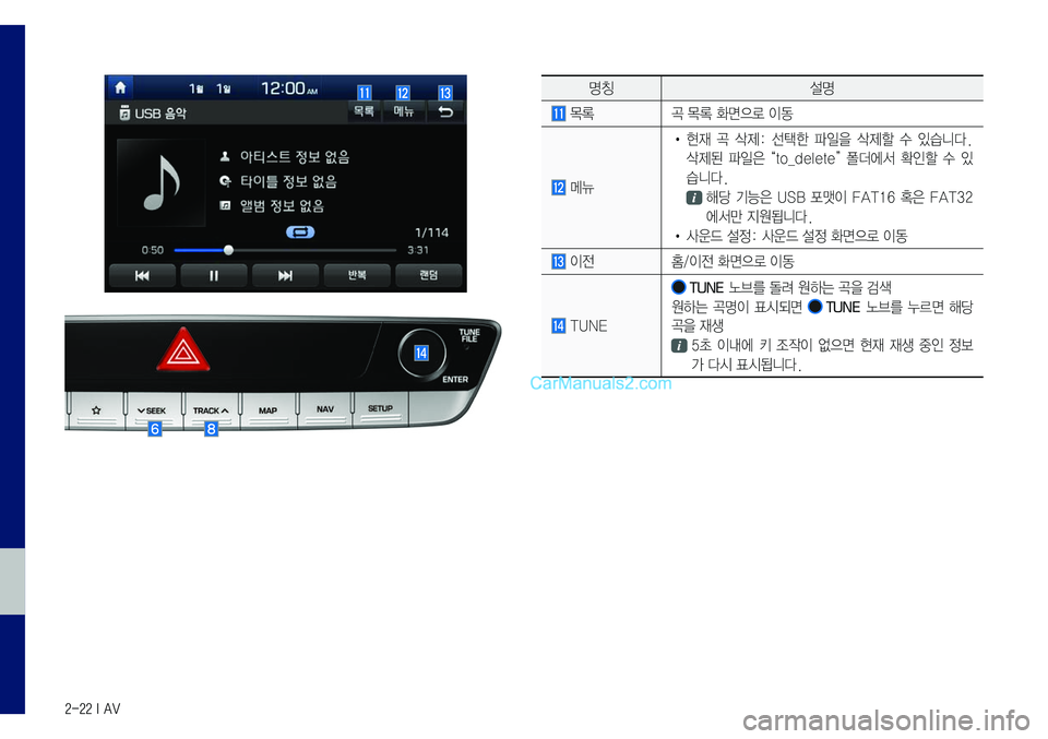 Hyundai Sonata 2017  LF쏘나타 표준5 내비게이션 (in Korean) 2-22 I AV
명칭설명
	목록곡	목록	화면으로	이동
	메뉴
•	현재	곡	삭제:	선택한	파일을	삭제할	수	있습니다.	
삭제된	파일은	“to_delete”	폴더에서	확인할	