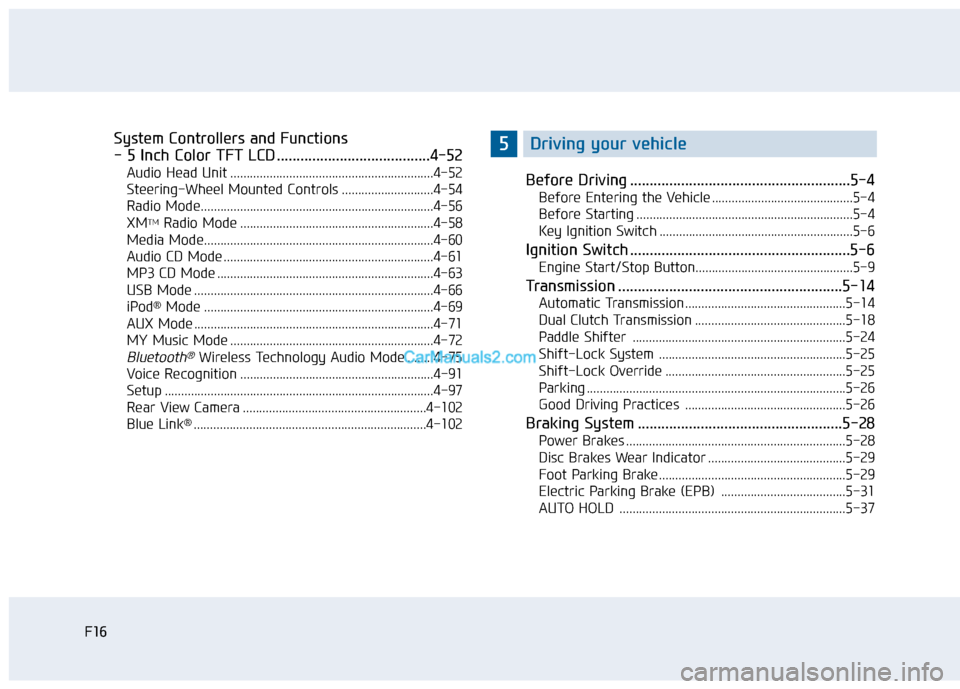 Hyundai Sonata 2016  Owners Manual F16F16
System Controllers and Functions
- 5 Inch Color TFT LCD .......................................4-52
Audio Head Unit ..............................................................4-52
Steering-W