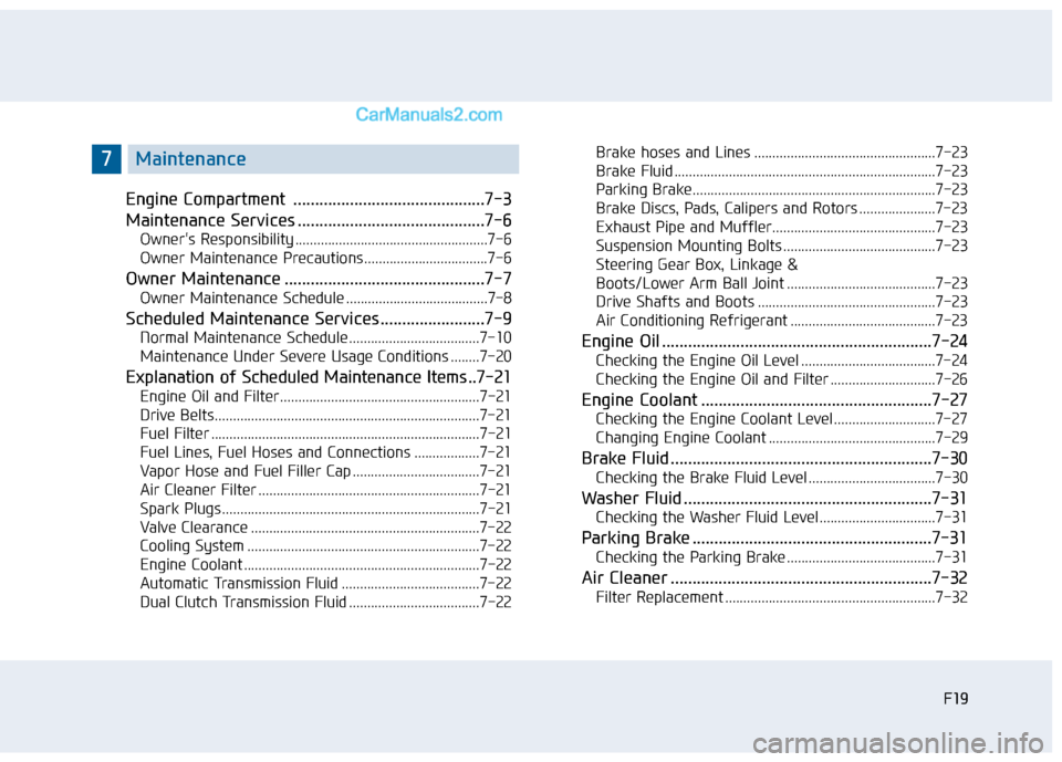 Hyundai Sonata 2016  Owners Manual F19
Engine Compartment  ............................................7-3
Maintenance Services ...........................................7-6
Owners Responsibility .....................................