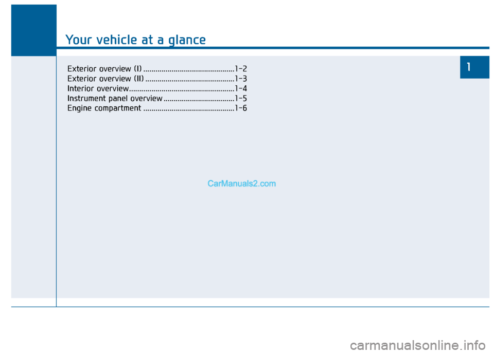 Hyundai Sonata 2016 Owners Guide Your vehicle at a glance
1
Your vehicle at a glance
1Exterior overview (I) .............................................1-2
Exterior overview (II) ............................................1-3
Inter Hyundai Sonata 2016 Owners Guide Your vehicle at a glance
1
Your vehicle at a glance
1Exterior overview (I) .............................................1-2
Exterior overview (II) ............................................1-3
Inter