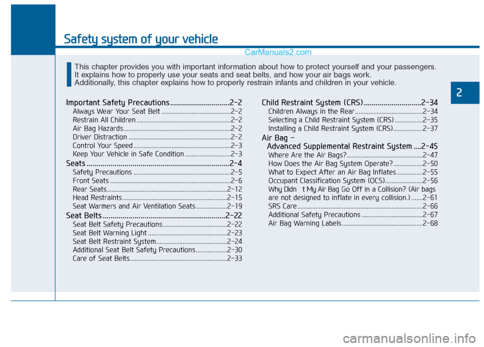 Hyundai Sonata 2016 Owners Manual Safety system of your vehicle
Important Safety Precautions ..............................2-2
Always Wear Your Seat Belt ..........................................2-2
Restrain All Children ............ Hyundai Sonata 2016 Owners Manual Safety system of your vehicle
Important Safety Precautions ..............................2-2
Always Wear Your Seat Belt ..........................................2-2
Restrain All Children ............