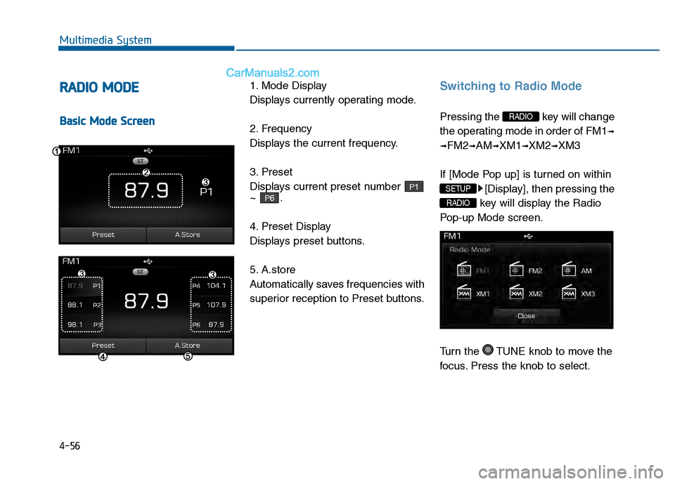 Hyundai Sonata 2016 Owners Manual 4-56
Multimedia System
R
RA
A D
DI
IO
O
M
M O
OD
DE
E
B
Ba
as
si
ic
c
M
M o
od
de
e
S
S c
cr
re
e e
en
n 1. Mode Display
Displays currently operating mode.
2. Frequency
Displays the current fr Hyundai Sonata 2016 Owners Manual 4-56
Multimedia System
R
RA
A D
DI
IO
O
M
M O
OD
DE
E
B
Ba
as
si
ic
c
M
M o
od
de
e
S
S c
cr
re
e e
en
n 1. Mode Display
Displays currently operating mode.
2. Frequency
Displays the current fr