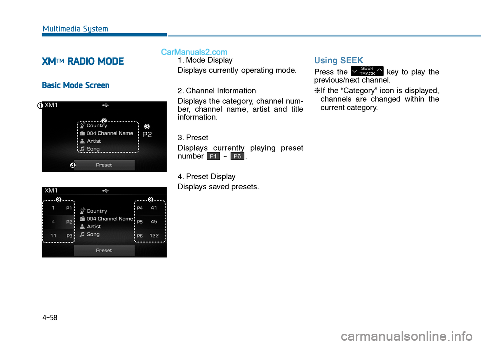 Hyundai Sonata 2016 Owners Manual 4-58
Multimedia System
X
XM
MT
TM
MR
R A
A D
DI
IO
O
M
M O
OD
DE
E
B
Ba
as
si
ic
c
M
M o
od
de
e
S
S c
cr
re
e e
en
n 1. Mode Display
Displays currently operating mode.
2. Channel Information
Hyundai Sonata 2016 Owners Manual 4-58
Multimedia System
X
XM
MT
TM
MR
R A
A D
DI
IO
O
M
M O
OD
DE
E
B
Ba
as
si
ic
c
M
M o
od
de
e
S
S c
cr
re
e e
en
n 1. Mode Display
Displays currently operating mode.
2. Channel Information