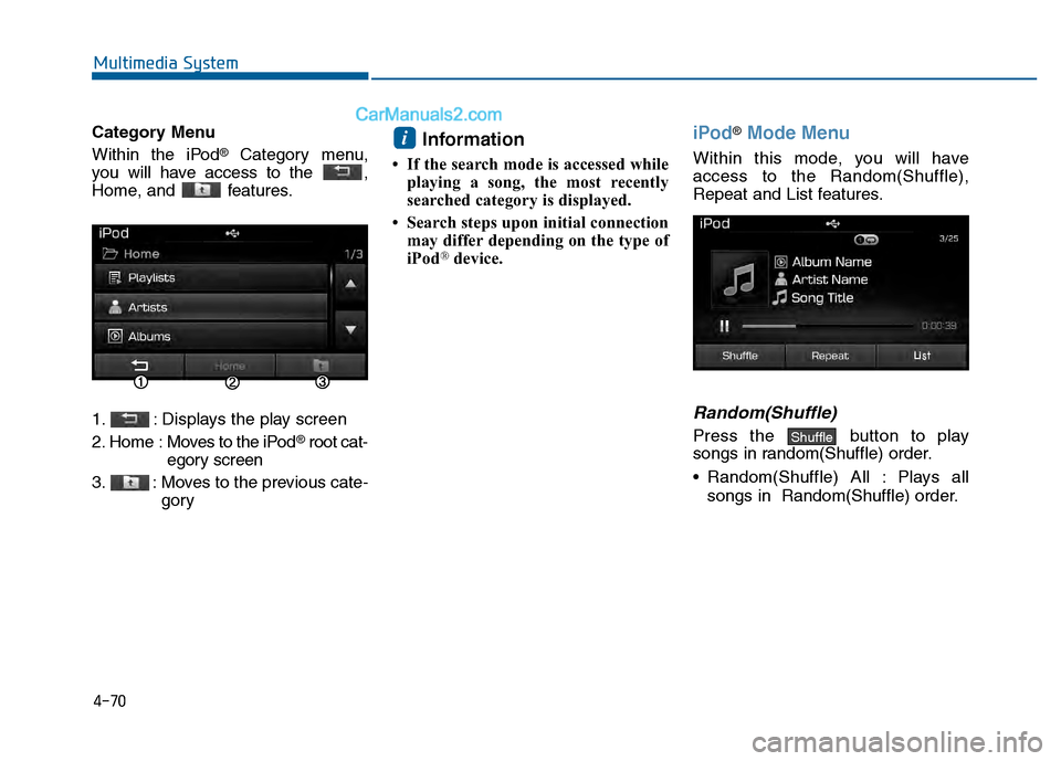 Hyundai Sonata 2016 Owners Manual 4-70
Multimedia System
Category Menu
Within the iPod
®Category menu,
you will have access to the ,
Home, and features.
1. : Displays the play screen
2. Home : Moves to the iPod
®root cat-
egory s Hyundai Sonata 2016 Owners Manual 4-70
Multimedia System
Category Menu
Within the iPod
®Category menu,
you will have access to the ,
Home, and features.
1. : Displays the play screen
2. Home : Moves to the iPod
®root cat-
egory s