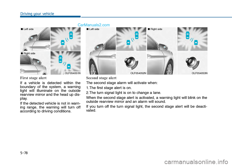 Hyundai Sonata 2016 Owners Manual 5-78
Driving your vehicle
First stage alert
If a vehicle is detected within the
boundary of the system, a warning
light will illuminate on the outside
rearview mirror and the head up dis-
play.
If the Hyundai Sonata 2016 Owners Manual 5-78
Driving your vehicle
First stage alert
If a vehicle is detected within the
boundary of the system, a warning
light will illuminate on the outside
rearview mirror and the head up dis-
play.
If the
