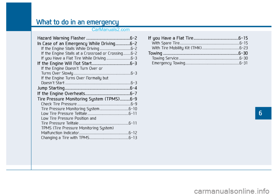 Hyundai Sonata 2016 Owners Manual What to do in an emergency
6
Hazard Warning Flasher .......................................6-2
In Case of an Emergency While Driving.............6-2
If the Engine Stalls While Driving ................ Hyundai Sonata 2016 Owners Manual What to do in an emergency
6
Hazard Warning Flasher .......................................6-2
In Case of an Emergency While Driving.............6-2
If the Engine Stalls While Driving ................
