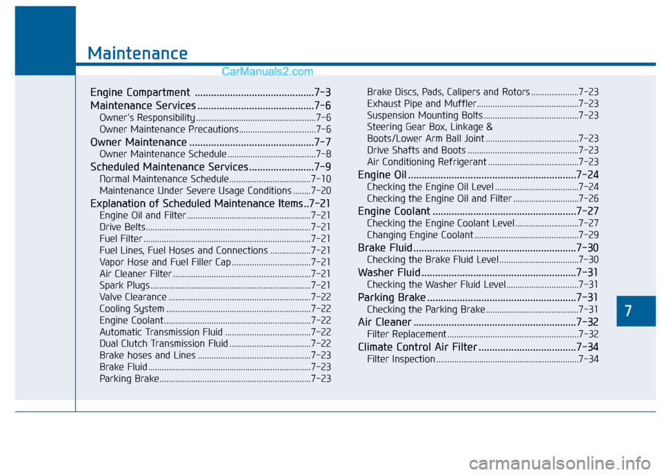 Hyundai Sonata 2016 Owners Manual 7
Maintenance
7
Maintenance
Engine Compartment ............................................7-3
Maintenance Services ...........................................7-6
Owners Responsibility ............. Hyundai Sonata 2016 Owners Manual 7
Maintenance
7
Maintenance
Engine Compartment ............................................7-3
Maintenance Services ...........................................7-6
Owners Responsibility .............