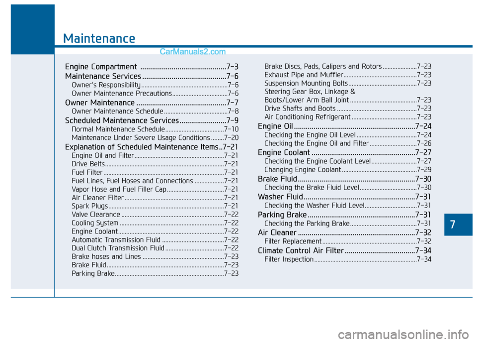 Hyundai Sonata 2016  Owners Manual 7
Maintenance
7
Maintenance
Engine Compartment  ............................................7-3
Maintenance Services ...........................................7-6
Owners Responsibility .............