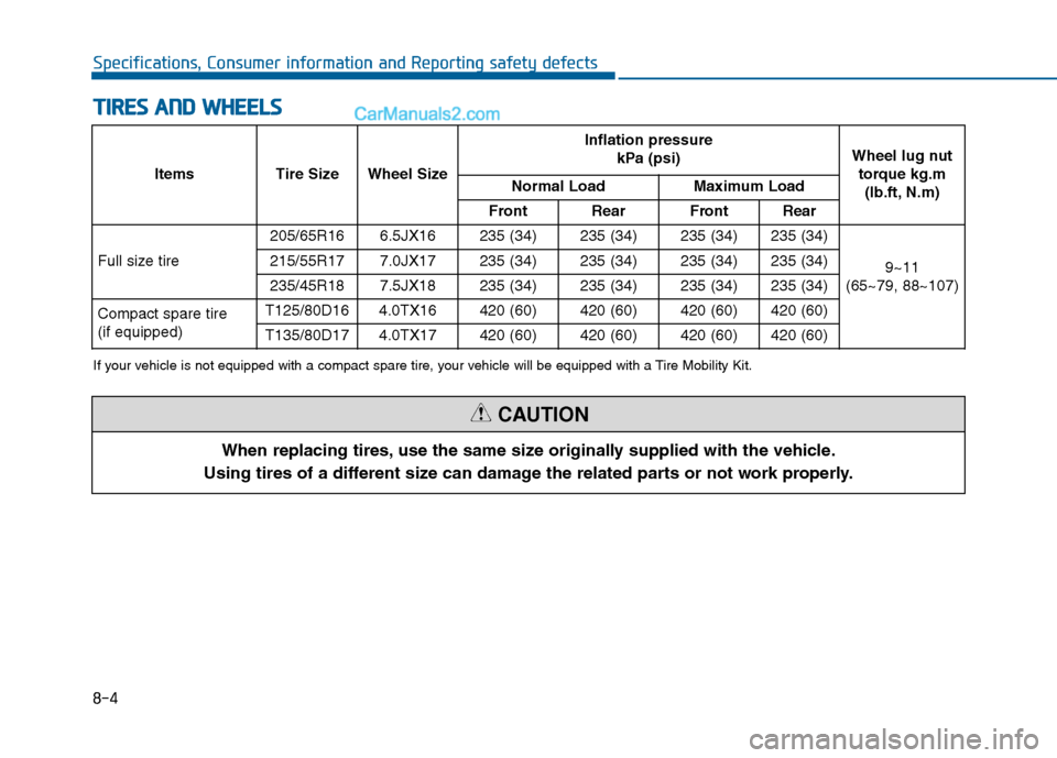 Hyundai Sonata 2016 Owners Manual 8-4
Specifications, Consumer information and Reporting safety defects
T
TI
IR
R E
ES
S
A
A N
N D
D
W
W H
HE
EE
EL
LS
S
When replacing tires, use the same size originally supplied with the vehicle. Hyundai Sonata 2016 Owners Manual 8-4
Specifications, Consumer information and Reporting safety defects
T
TI
IR
R E
ES
S
A
A N
N D
D
W
W H
HE
EE
EL
LS
S
When replacing tires, use the same size originally supplied with the vehicle.
