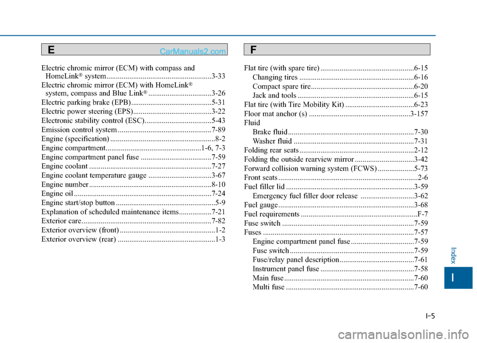 Hyundai Sonata 2016 Owners Manual I-5
Electric chromic mirror (ECM) with compass andHomeLink®system.......................................................3-33
Electric chromic mirror (ECM) with HomeLink®
system, compass and Blue Lin Hyundai Sonata 2016 Owners Manual I-5
Electric chromic mirror (ECM) with compass andHomeLink®system.......................................................3-33
Electric chromic mirror (ECM) with HomeLink®
system, compass and Blue Lin
