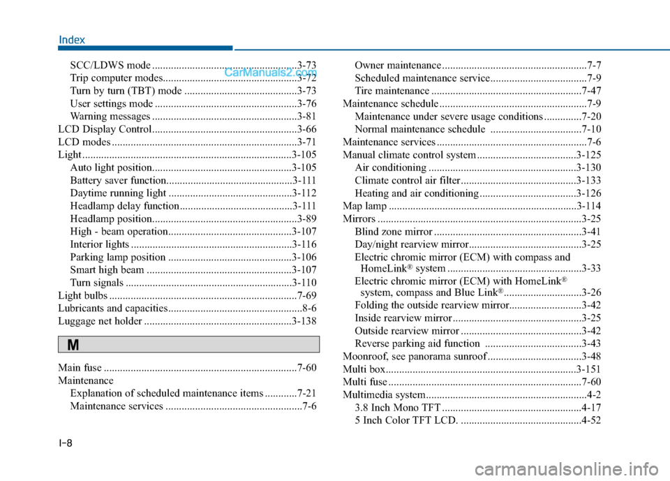 Hyundai Sonata 2016 Owners Manual I-8
SCC/LDWS mode ......................................................3-73
Trip computer modes..................................................3-72\
Turn by turn (TBT) mode ....................... Hyundai Sonata 2016 Owners Manual I-8
SCC/LDWS mode ......................................................3-73
Trip computer modes..................................................3-72\
Turn by turn (TBT) mode .......................
