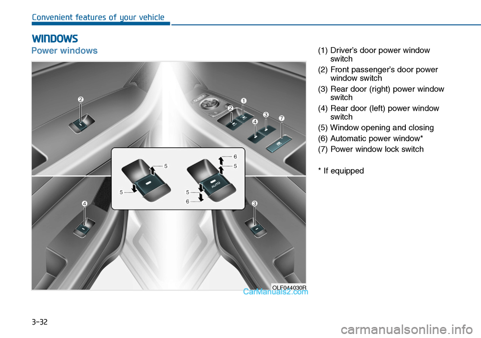 Hyundai Sonata 2016  Owners Manual - RHD (UK, Australia) 3-32
Convenient features of your vehicle
WINDOWS
Power windows(1) Driver’s door power window
switch
(2) Front passenger’s door power
window switch
(3) Rear door (right) power window
switch
(4) Rea