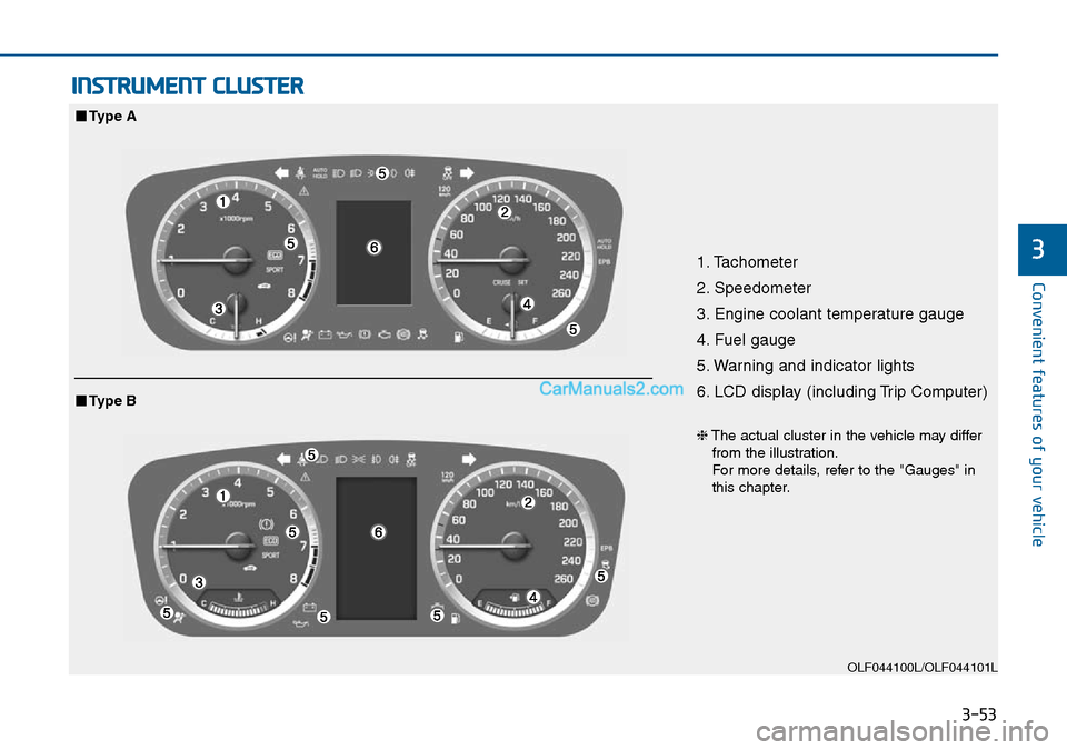 Hyundai Sonata 2016 Owners Manual - RHD (UK, Australia) 3-53
Convenient features of your vehicle
3
INSTRUMENT CLUSTER
1. Tachometer
2. Speedometer
3. Engine coolant temperature gauge
4. Fuel gauge
5. Warning and indicator lights
6. LCD display (including Hyundai Sonata 2016 Owners Manual - RHD (UK, Australia) 3-53
Convenient features of your vehicle
3
INSTRUMENT CLUSTER
1. Tachometer
2. Speedometer
3. Engine coolant temperature gauge
4. Fuel gauge
5. Warning and indicator lights
6. LCD display (including