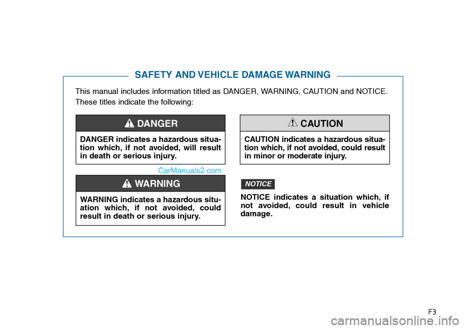 Hyundai Sonata 2016  Owners Manual - RHD (UK, Australia) F3
This manual includes information titled as DANGER, WARNING, CAUTION and NOTICE.
These titles indicate the following:
SAFETY AND VEHICLE DAMAGE WARNING
DANGER indicates a hazardous situa-
tion which