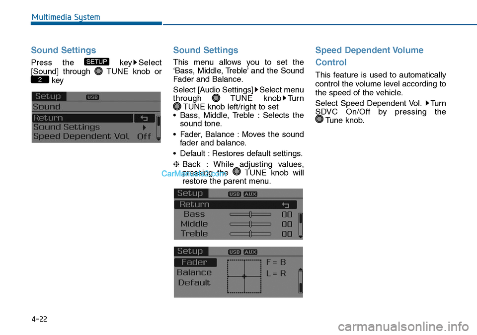 Hyundai Sonata 2016  Owners Manual - RHD (UK, Australia) 4-22
Multimedia System
Sound Settings
Press the  key Select
[Sound] through  TUNE knob or
key
Sound Settings
This menu allows you to set the
‘Bass, Middle, Treble’ and the Sound
Fader and Balance.