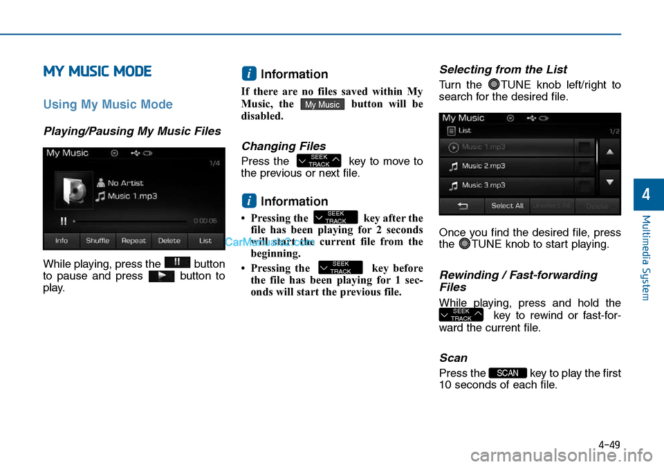 Hyundai Sonata 2016 Owners Manual - RHD (UK, Australia) 4-49
Multimedia System
4
MY MUSIC MODE
Using My Music Mode
Playing/Pausing My Music Files
While playing, press the button
to pause and press button to
play.
Information
If there are no files saved Hyundai Sonata 2016 Owners Manual - RHD (UK, Australia) 4-49
Multimedia System
4
MY MUSIC MODE
Using My Music Mode
Playing/Pausing My Music Files
While playing, press the button
to pause and press button to
play.
Information
If there are no files saved