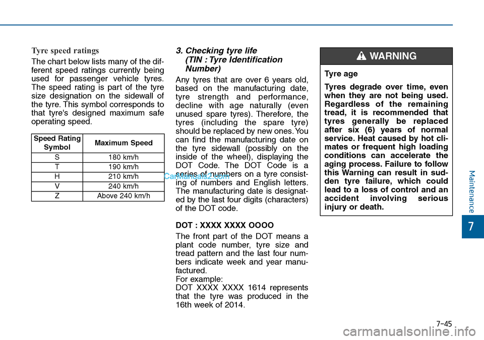 Hyundai Sonata 2016 Owners Manual - RHD (UK, Australia) 7-45
7
Maintenance
Tyre speed ratings
The chart below lists many of the dif-
ferent speed ratings currently being
used for passenger vehicle tyres.
The speed rating is part of the tyre
size designat Hyundai Sonata 2016 Owners Manual - RHD (UK, Australia) 7-45
7
Maintenance
Tyre speed ratings
The chart below lists many of the dif-
ferent speed ratings currently being
used for passenger vehicle tyres.
The speed rating is part of the tyre
size designat