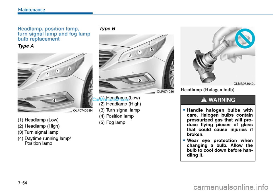 Hyundai Sonata 2016 Owners Manual - RHD (UK, Australia) 7-64
Maintenance
Headlamp, position lamp,
turn signal lamp and fog lamp
bulb replacement
Type A
(1) Headlamp (Low)
(2) Headlamp (High)
(3) Turn signal lamp
(4) Daytime running lamp/
Position lamp
Typ Hyundai Sonata 2016 Owners Manual - RHD (UK, Australia) 7-64
Maintenance
Headlamp, position lamp,
turn signal lamp and fog lamp
bulb replacement
Type A
(1) Headlamp (Low)
(2) Headlamp (High)
(3) Turn signal lamp
(4) Daytime running lamp/
Position lamp
Typ