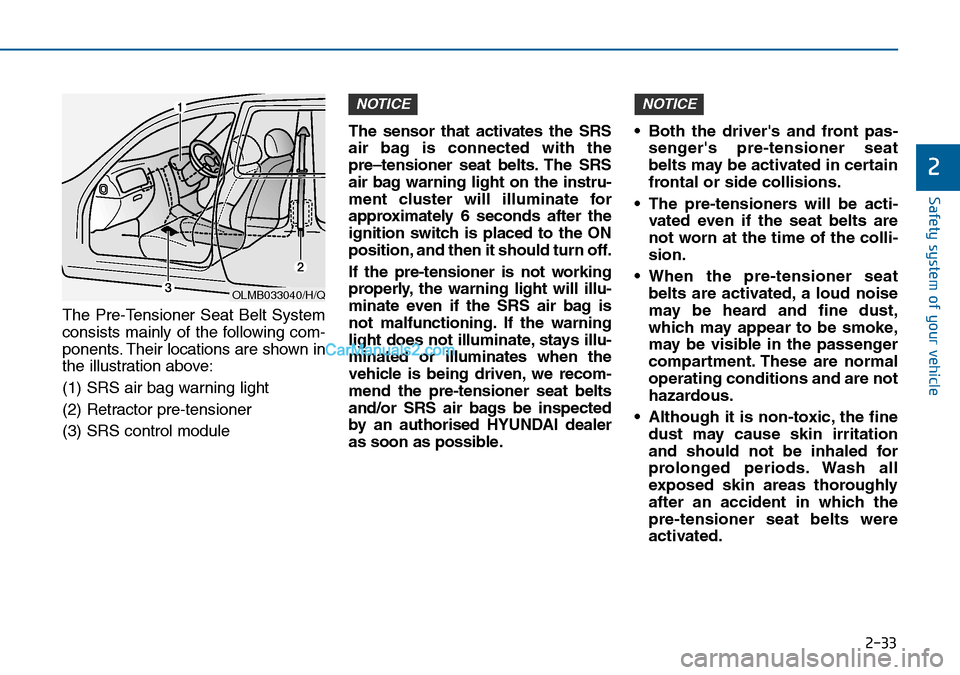 Hyundai Sonata 2016   - RHD (UK, Australia) Service Manual 2-33
Safety system of your vehicle
2
The Pre-Tensioner Seat Belt System
consists mainly of the following com-
ponents. Their locations are shown in
the illustration above:
(1) SRS air bag warning ligh Hyundai Sonata 2016   - RHD (UK, Australia) Service Manual 2-33
Safety system of your vehicle
2
The Pre-Tensioner Seat Belt System
consists mainly of the following com-
ponents. Their locations are shown in
the illustration above:
(1) SRS air bag warning ligh