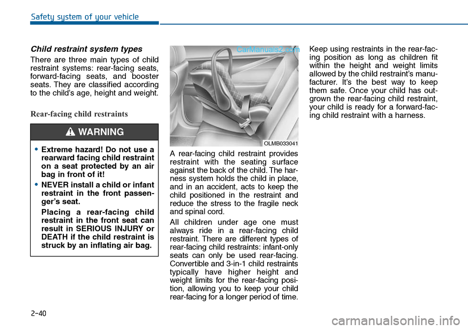 Hyundai Sonata 2016 - RHD (UK, Australia) Workshop Manual 2-40
Safety system of your vehicle
Child restraint system types
There are three main types of child
restraint systems: rear-facing seats,
forward-facing seats, and booster
seats. They are classified Hyundai Sonata 2016 - RHD (UK, Australia) Workshop Manual 2-40
Safety system of your vehicle
Child restraint system types
There are three main types of child
restraint systems: rear-facing seats,
forward-facing seats, and booster
seats. They are classified