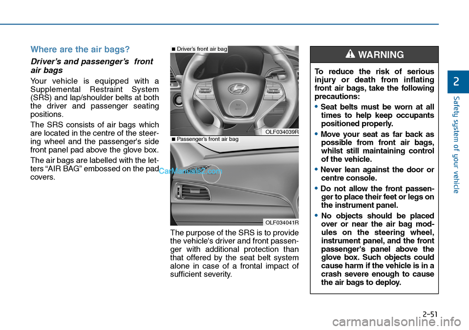 Hyundai Sonata 2016 - RHD (UK, Australia) Repair Manual 2-51
Safety system of your vehicle
2
Where are the air bags?
Driver’s and passenger’s front
air bags
Your vehicle is equipped with a
Supplemental Restraint System
(SRS) and lap/shoulder belts a Hyundai Sonata 2016 - RHD (UK, Australia) Repair Manual 2-51
Safety system of your vehicle
2
Where are the air bags?
Driver’s and passenger’s front
air bags
Your vehicle is equipped with a
Supplemental Restraint System
(SRS) and lap/shoulder belts a