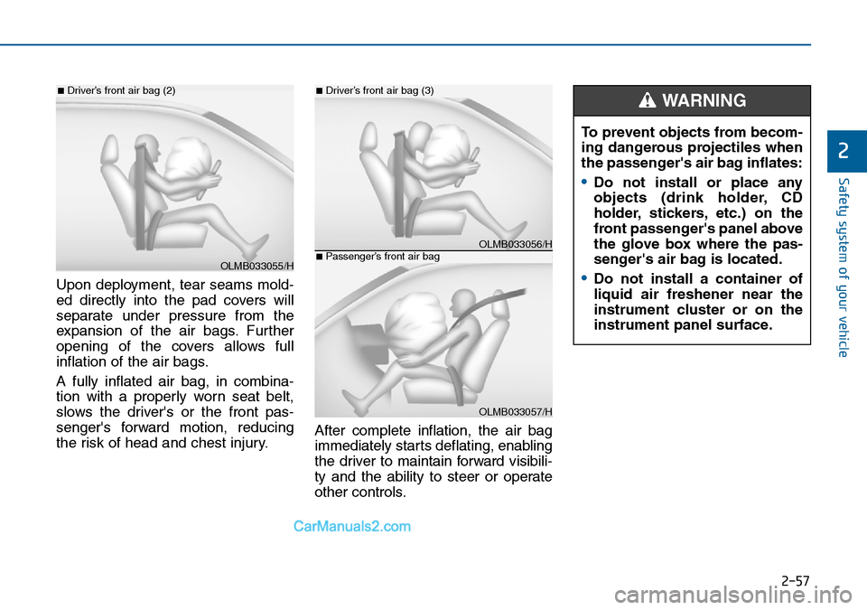Hyundai Sonata 2016   - RHD (UK, Australia) Manual PDF 2-57
Safety system of your vehicle
2
Upon deployment, tear seams mold-
ed directly into the pad covers will
separate under pressure from the
expansion of the air bags. Further
opening of the covers al