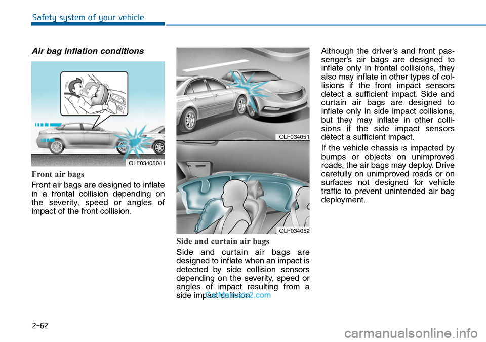 Hyundai Sonata 2016   - RHD (UK, Australia) Manual PDF 2-62
Safety system of your vehicle
Air bag inflation conditions 
Front air bags 
Front air bags are designed to inflate
in a frontal collision depending on
the severity, speed or angles of
impact of t