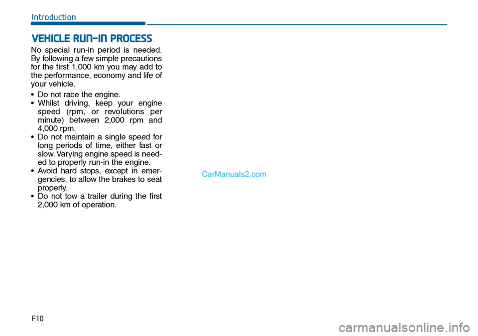 Hyundai Sonata 2016  Owners Manual - RHD (UK, Australia) VEHICLE RUN-IN PROCESS
F10
Introduction
No special run-in period is needed.
By following a few simple precautions
for the first 1,000 km you may add to
the performance, economy and life of
your vehicl