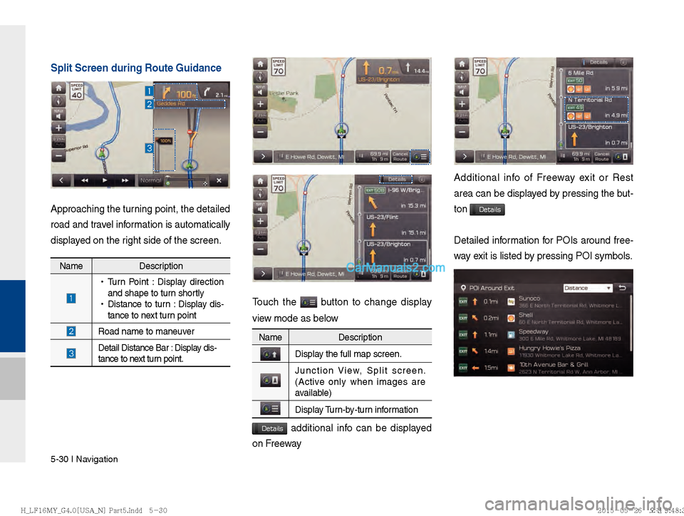 Hyundai Sonata 2016  Car Multimedia System Manual 5-30 I Navigation
Split Screen during Route Guidance
Approaching the turning point, the detailed 
road and travel information is automatically 
displayed on the right side of the screen.
Touch the  bu