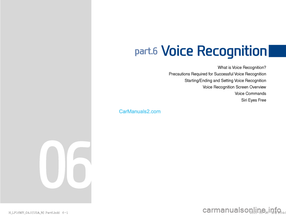 Hyundai Sonata 2016  Car Multimedia System Manual What is Voice Recognition?
Precautions Required for Successful Voice Recognition Starting/Ending and Setting Voice Recognition
  Voice Recognition Screen Overview
Voice CommandsSiri Eyes Free 
part.6 