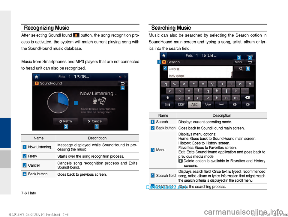 Hyundai Sonata 2016  Car Multimedia System Manual 7-6 I Info
Recognizing Music
After selecting SoundHound  button, the song recognition pro-
cess is activated, the system will match current playing song with 
the SoundHound music database.
Music from
