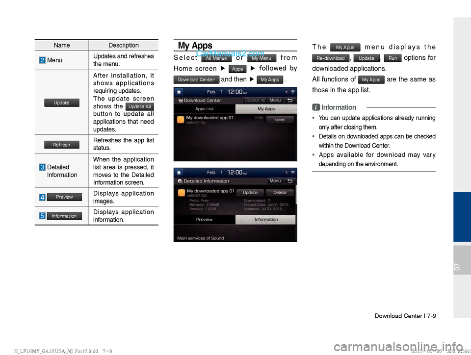 Hyundai Sonata 2016  Car Multimedia System Manual Download Center I 7-9
07
My Apps 
Select All Menus or My Menu from 
Home screen  ▶ 
Apps� 