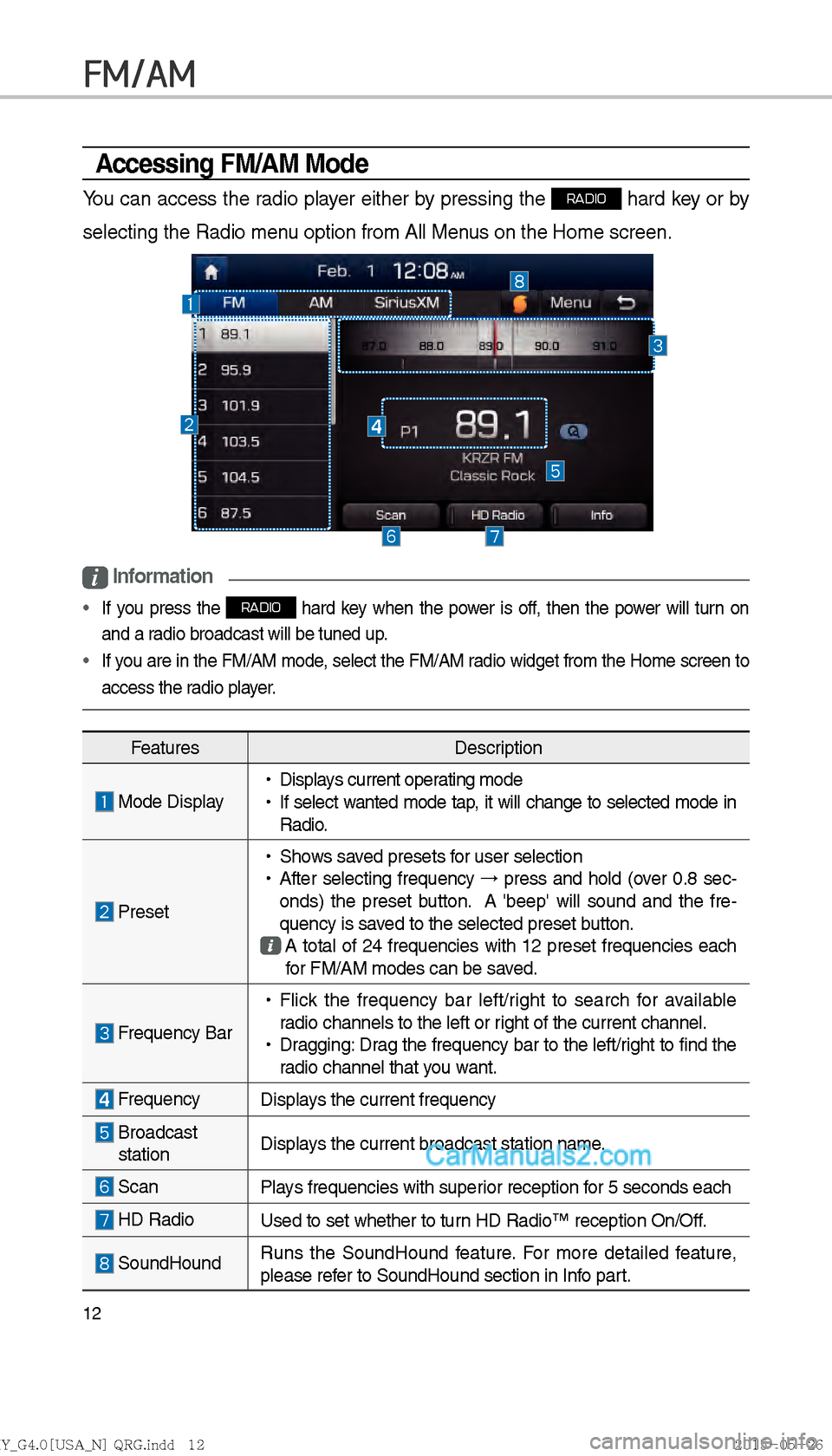 Hyundai Sonata 2016  Car Multimedia System Manual 12
FM/AM 
Accessing FM/AM Mode
You can access the radio player either by pressing the RADIO hard key or by 
selecting the Radio menu option from All Menus on the Home screen. 
i Information
 If you pr