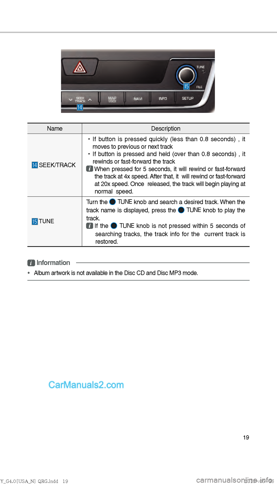 Hyundai Sonata 2016  Car Multimedia System Manual 19
NameDescription
 SEEK/TRACK 
!Ÿ
If button is pressed quickly (less than 0.8 seconds) , it 
mo v

es to previous or next track
 
!Ÿ
If b utton is pressed and held (over than 0.8 seconds) , it  
re